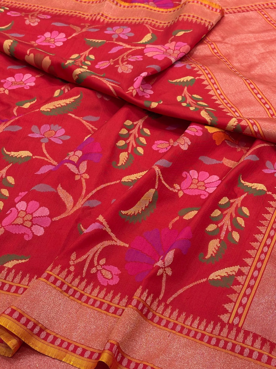 Raktambari Banarasi Ektara Silk Jamdani Handwoven Saree with Real Zari