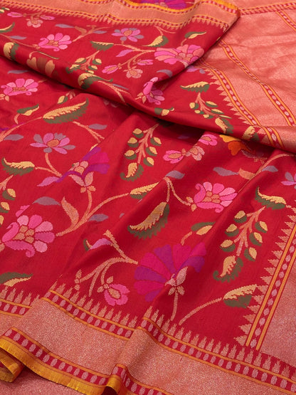 Raktambari Banarasi Ektara Silk Jamdani Handwoven Saree with Real Zari