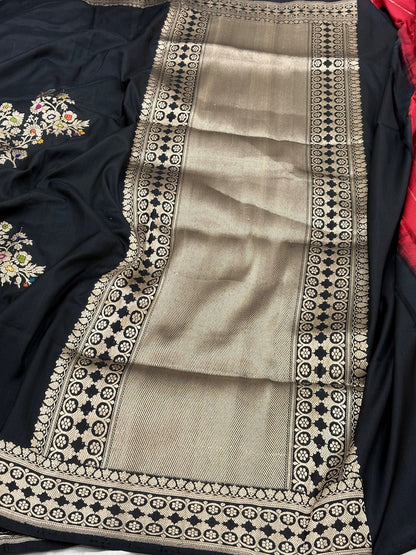 Black Banarasi Pure Katan Silk Handwoven Saree