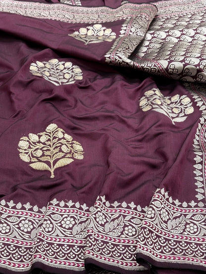 Plum Wine Pure Banarasi Ektara  Silk Handwoven Saree