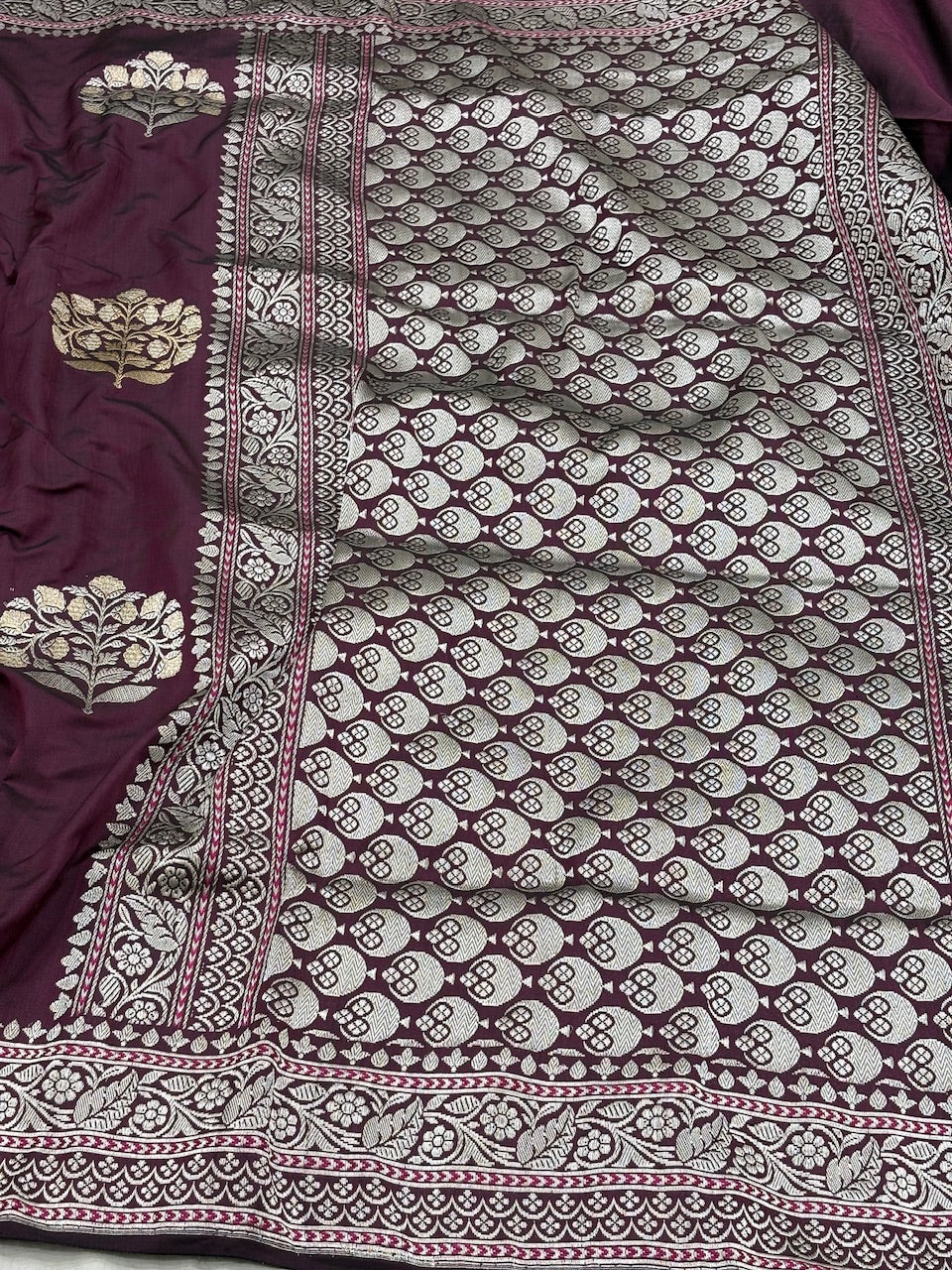 Plum Wine Pure Banarasi Ektara  Silk Handwoven Saree