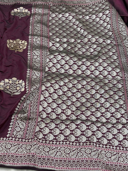 Plum Wine Pure Banarasi Ektara  Silk Handwoven Saree