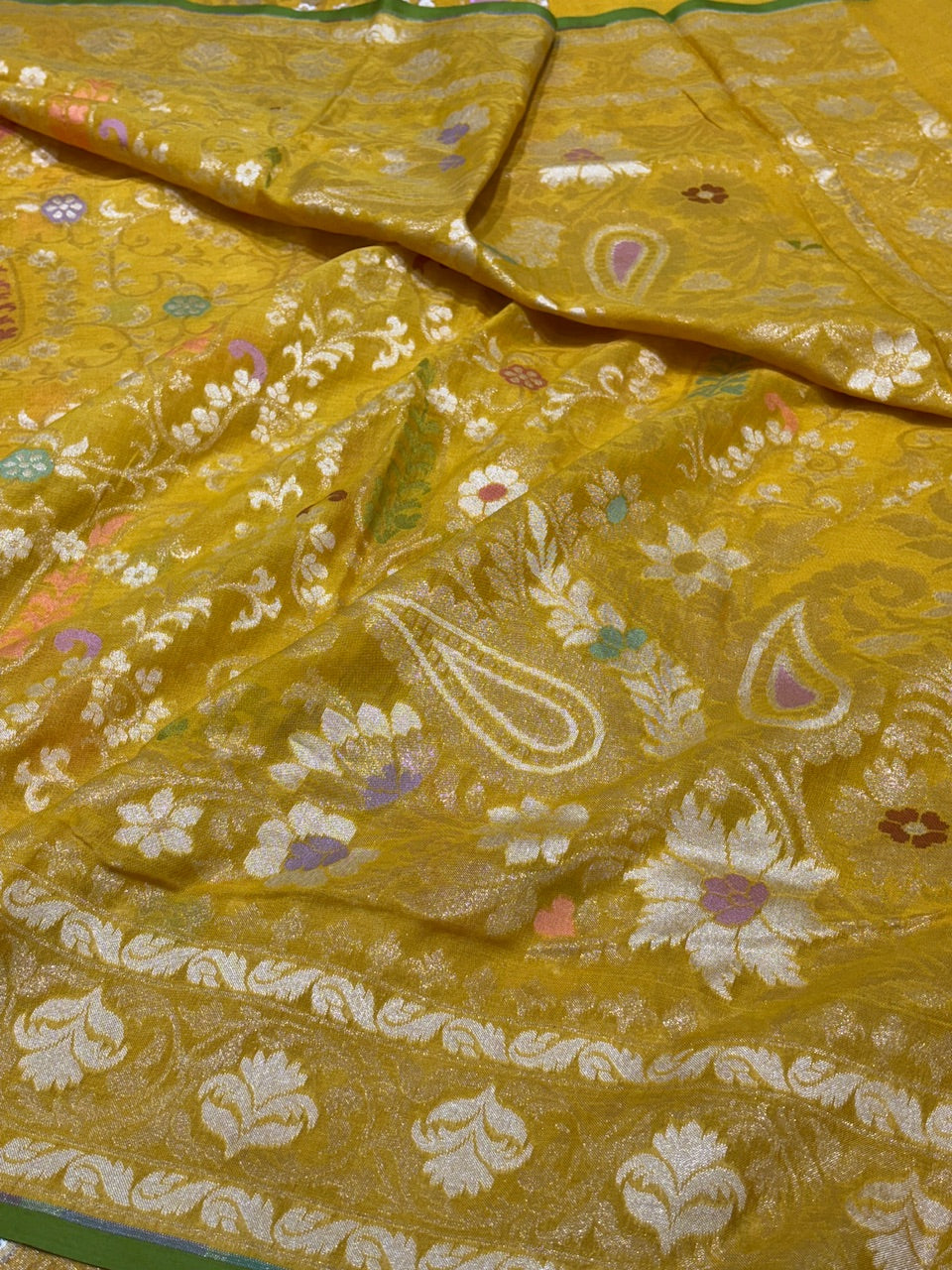 Yellow Banarasi cotton Jamdani handloom Saree