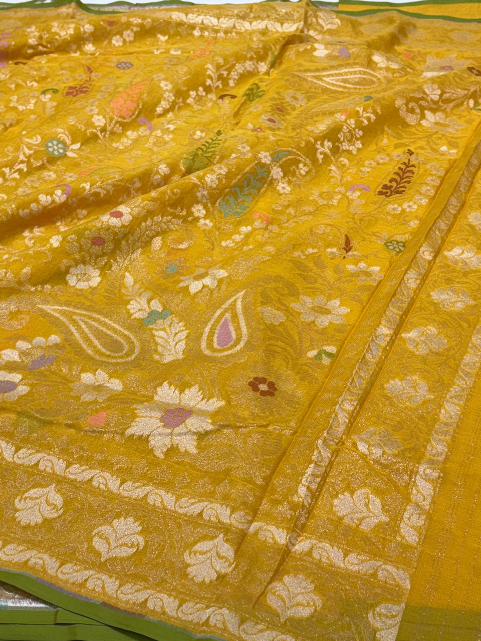 Yellow Banarasi cotton Jamdani handloom Saree