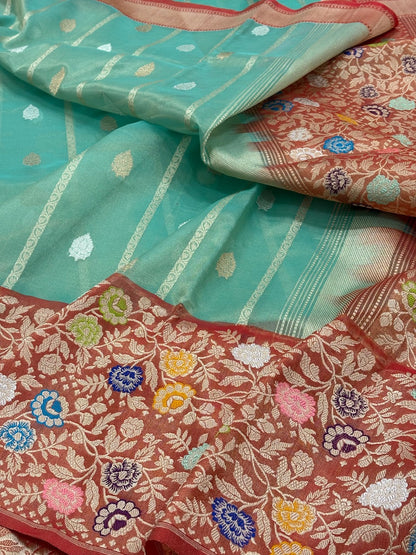 Aqua Green Banarasi Tissue Silk Handwoven Saree