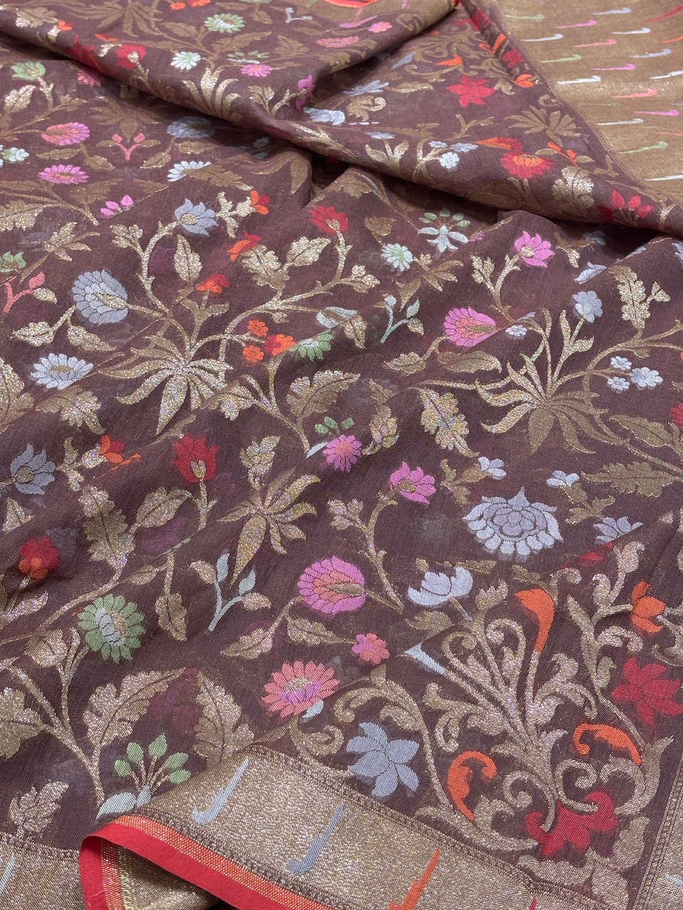 Coffee Brown Banarasi cotton Jamdani handloom Saree