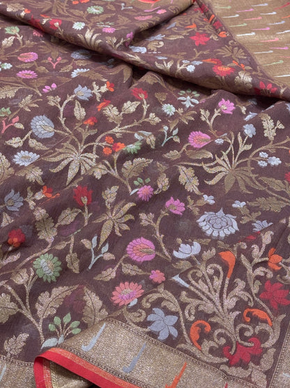 Coffee Brown Banarasi cotton Jamdani handloom Saree