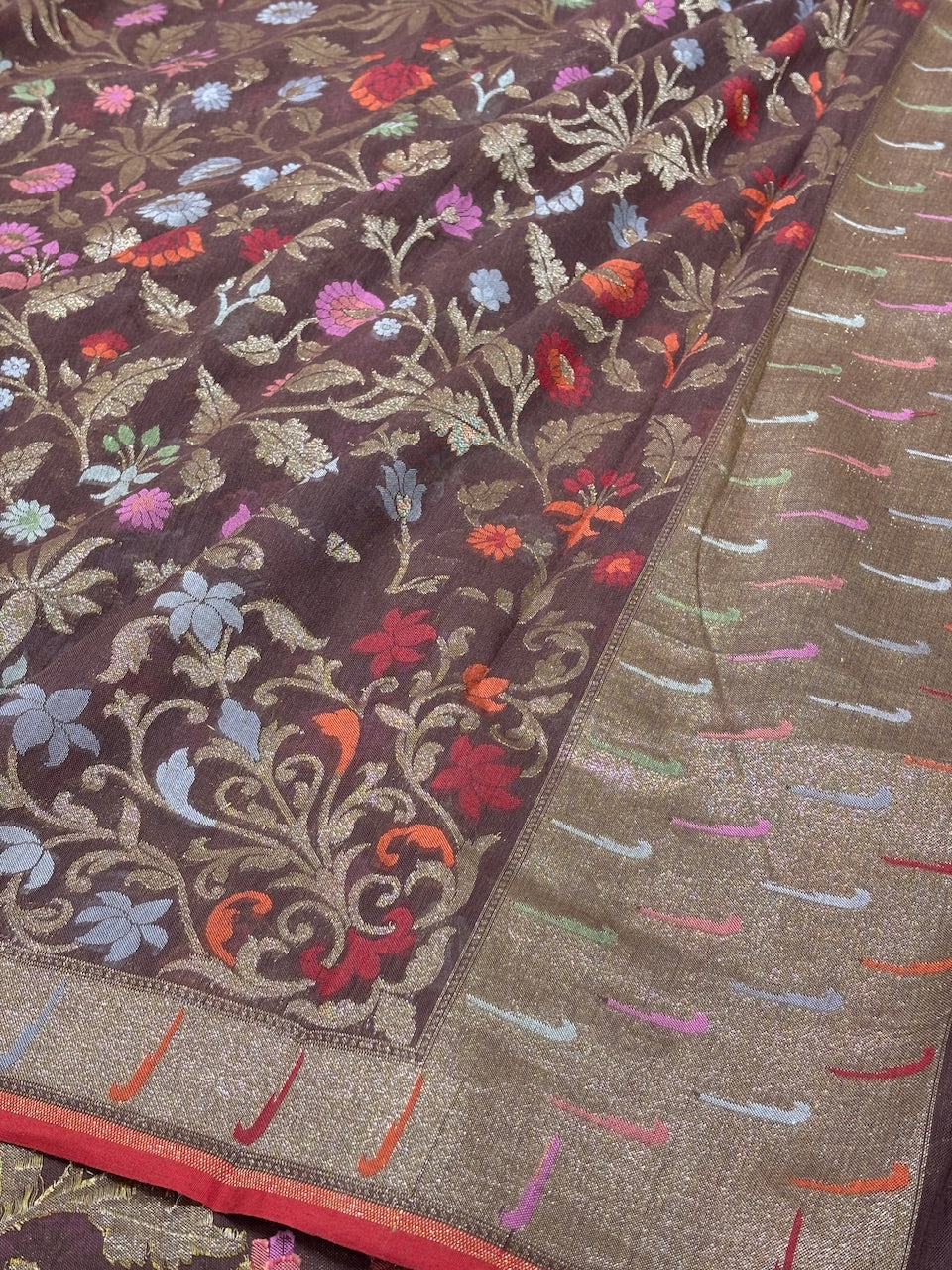 Coffee Brown Banarasi cotton Jamdani handloom Saree