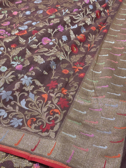 Coffee Brown Banarasi cotton Jamdani handloom Saree