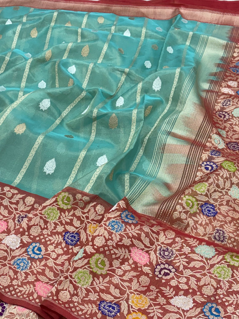 Aqua Green Banarasi Tissue Silk Handwoven Saree