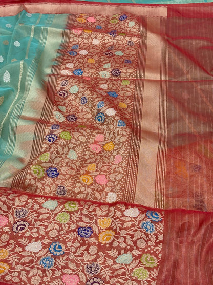 Aqua Green Banarasi Tissue Silk Handwoven Saree