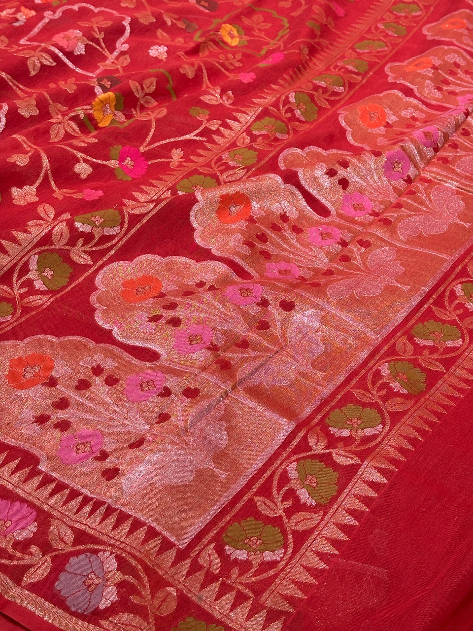 Red Banarasi cotton Jamdani handloom Saree