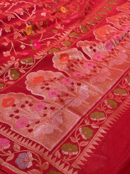 Red Banarasi cotton Jamdani handloom Saree
