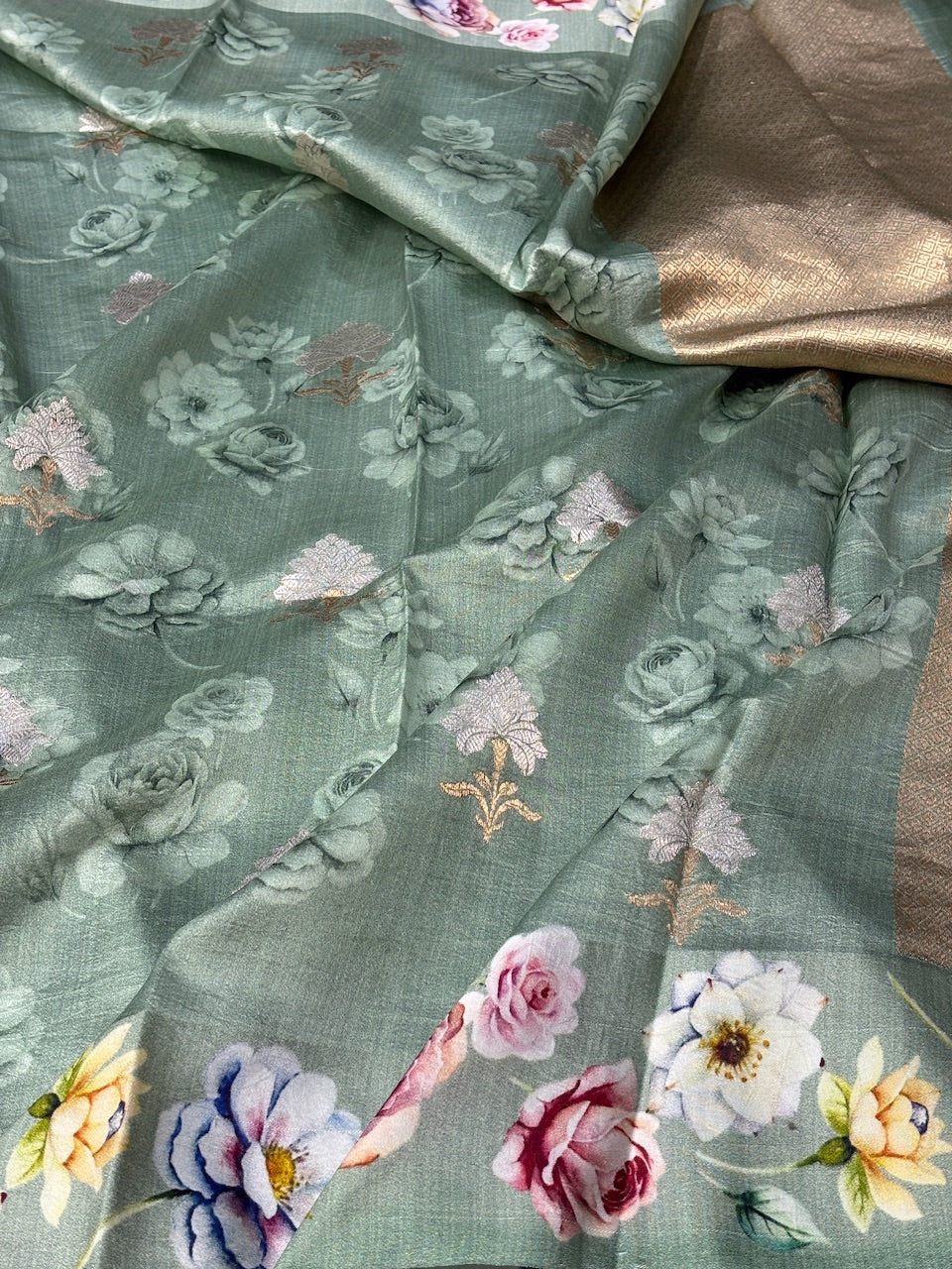 Sage Green Printed Mango Katan Banarasi Silk Handwoven Saree