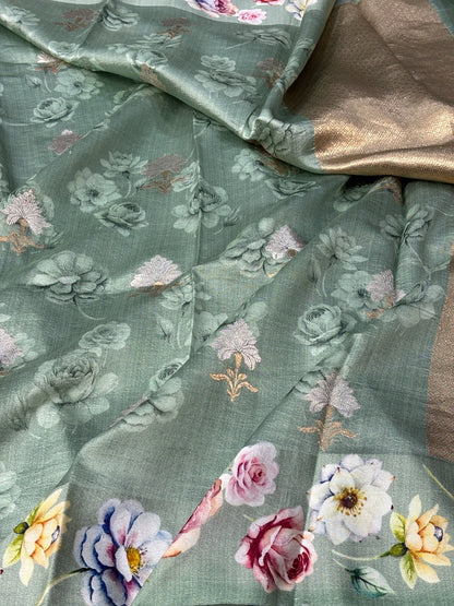 Sage Green Printed Mango Katan Banarasi Silk Handwoven Saree