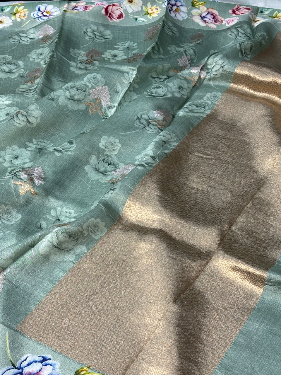 Sage Green Printed Mango Katan Banarasi Silk Handwoven Saree