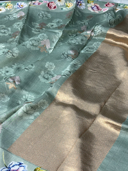 Sage Green Printed Mango Katan Banarasi Silk Handwoven Saree