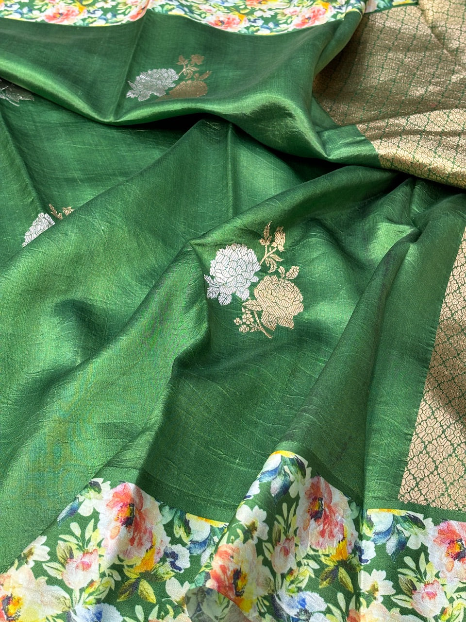 Bottle Green Printed Mango Katan Banarasi Silk Handwoven Saree