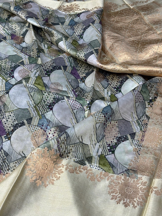 Grey Beige Printed Mango Katan Banarasi Silk Handwoven Saree