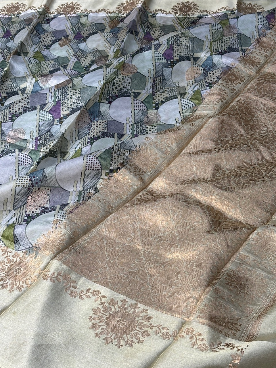 Grey Beige Printed Mango Katan Banarasi Silk Handwoven Saree