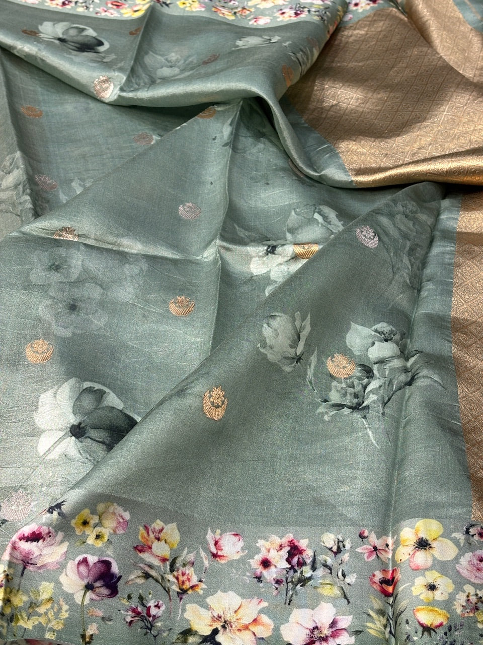 Sage GreenPrinted Mango Katan Banarasi Silk Handwoven Saree
