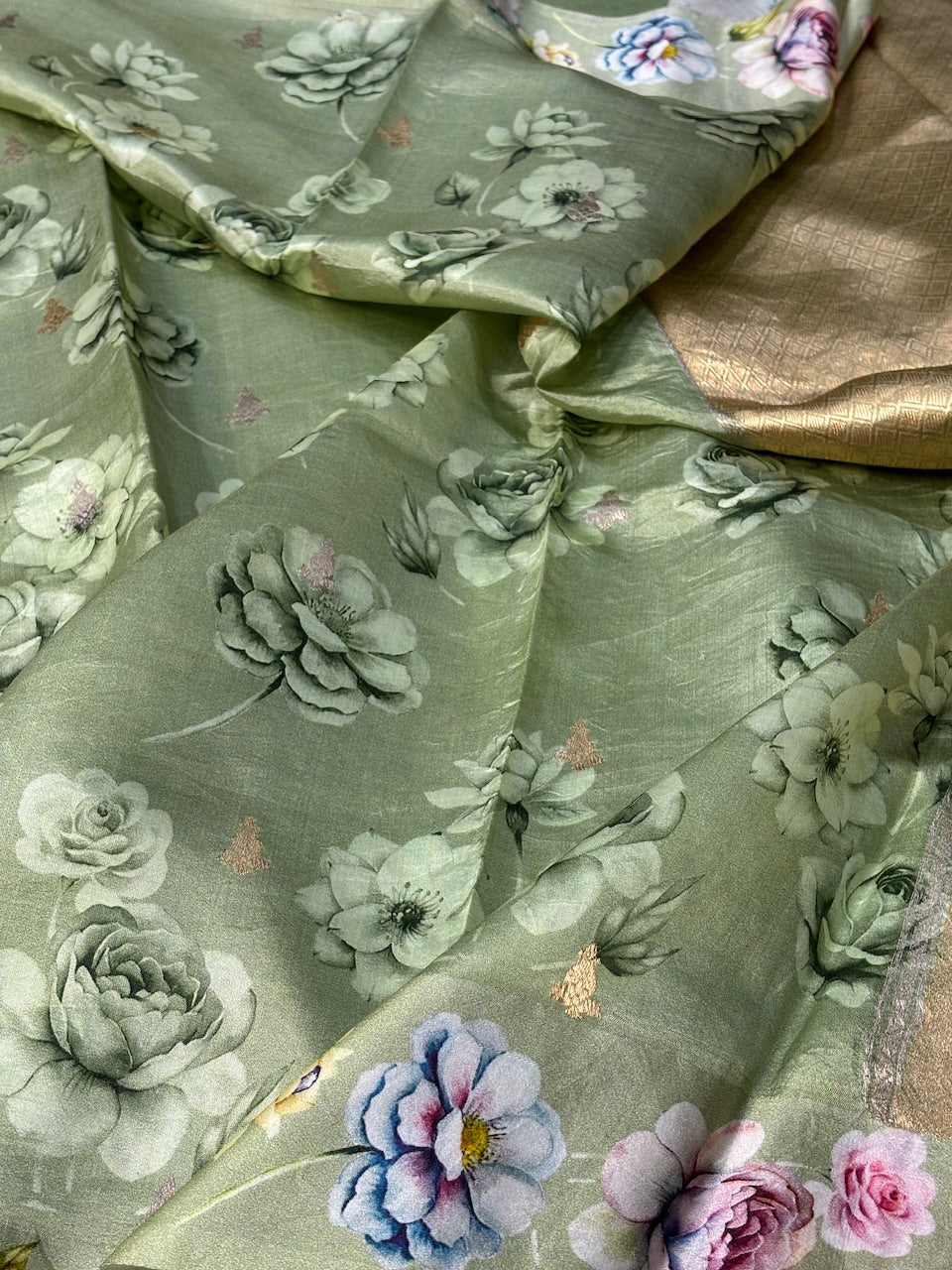 Sage Green Printed Mango Katan Banarasi Silk Handwoven Saree