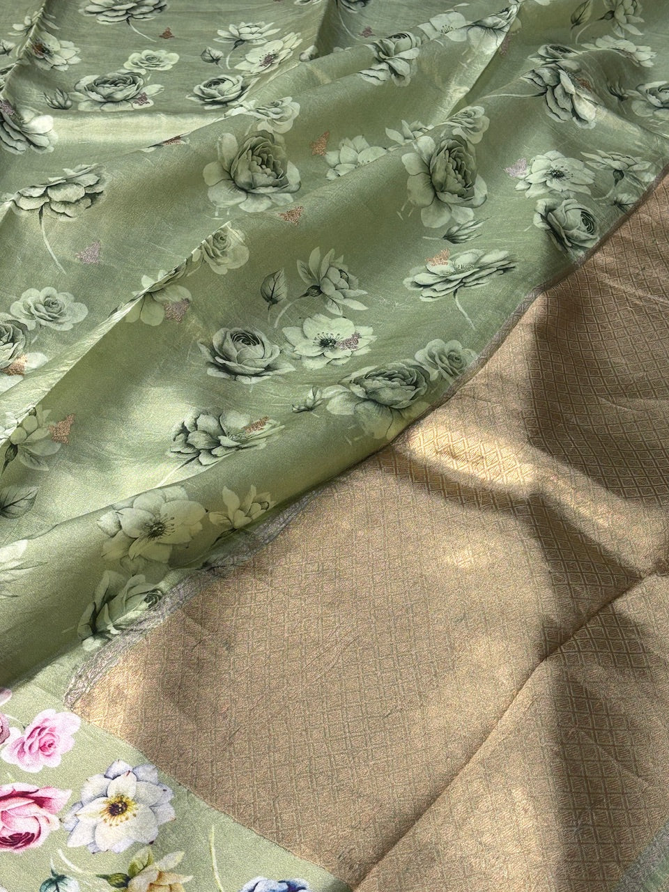 Sage Green Printed Mango Katan Banarasi Silk Handwoven Saree