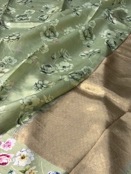 Sage Green Printed Mango Katan Banarasi Silk Handwoven Saree