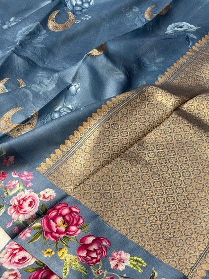 Greyish Printed Mango Katan Banarasi Silk Handwoven Saree