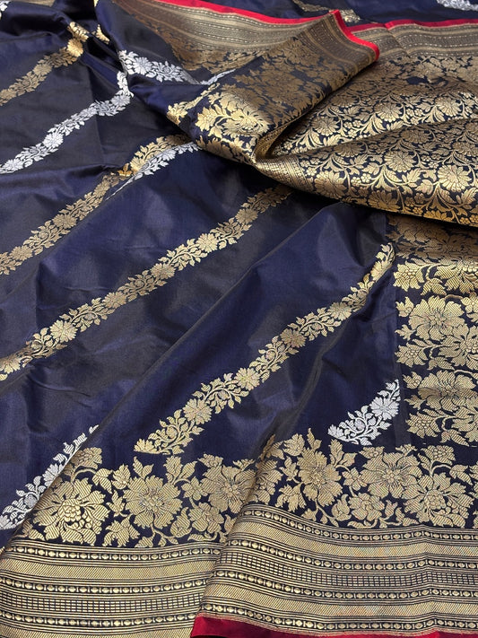 Navy Blue Pure Banarasi Katan Silk Handloom Saree