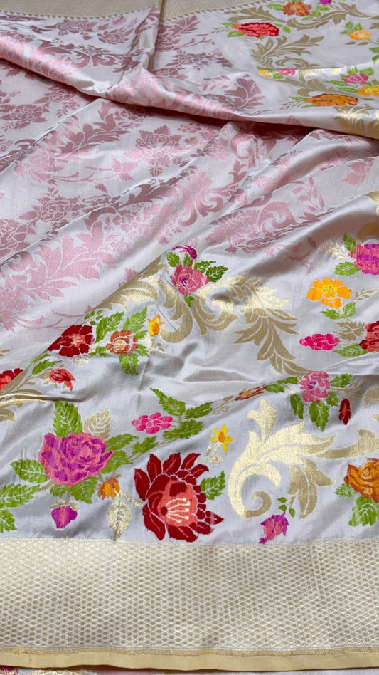Off White Pure Banarasi Katan Silk Saree