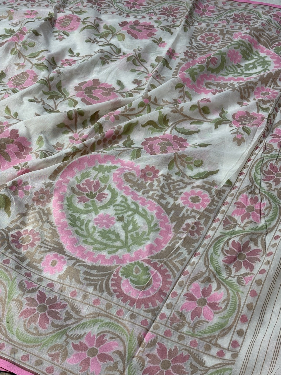 Ivory Banarasi cotton Jamdani handloom Saree