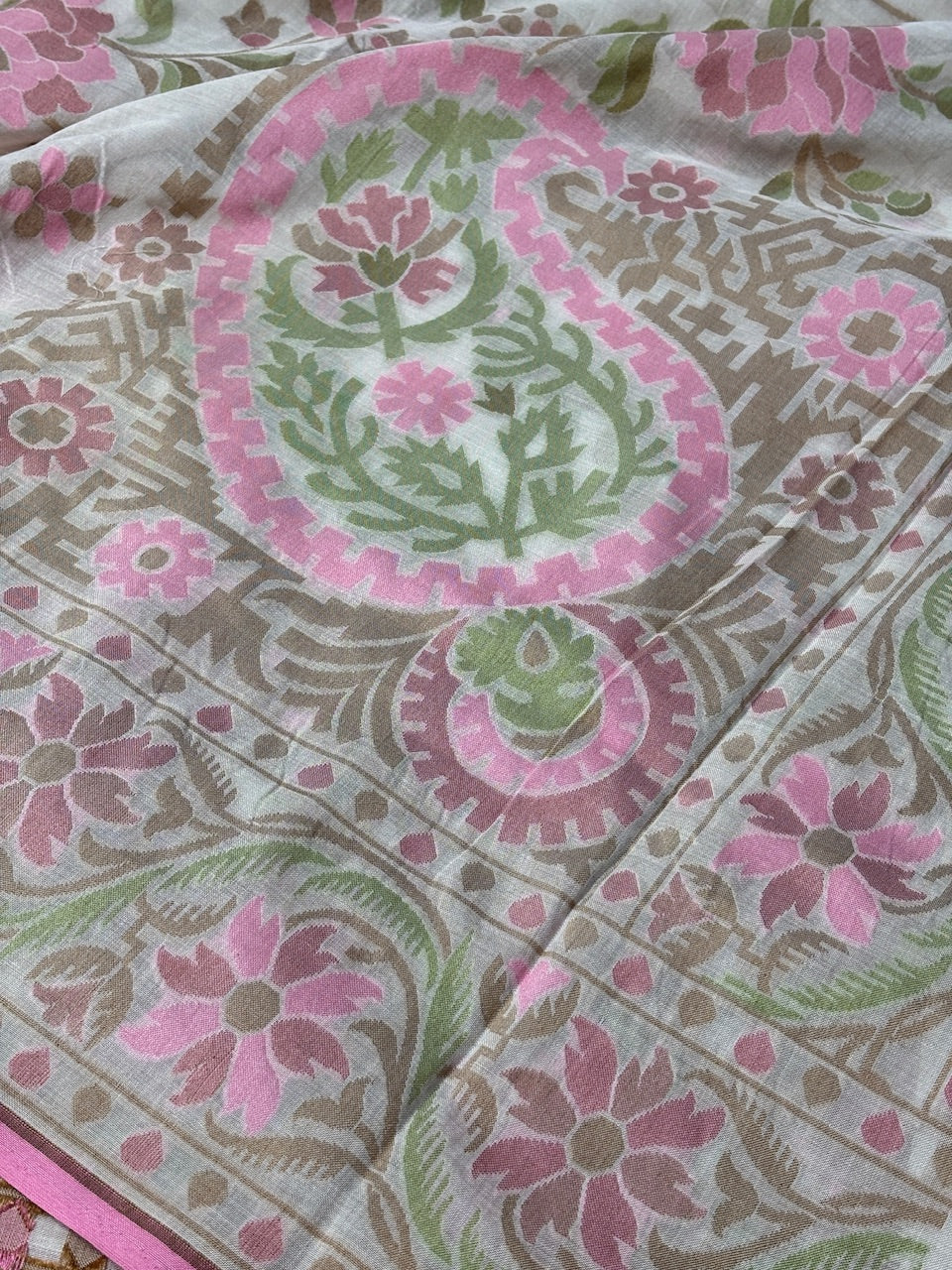Ivory Banarasi cotton Jamdani handloom Saree