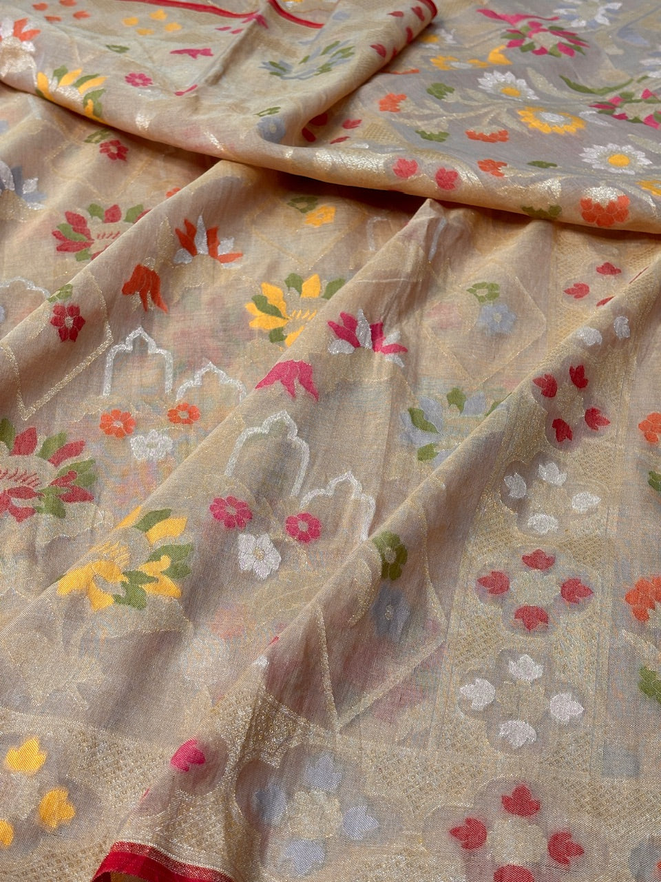 Beige Gold Banarasi cotton Jamdani handloom Saree
