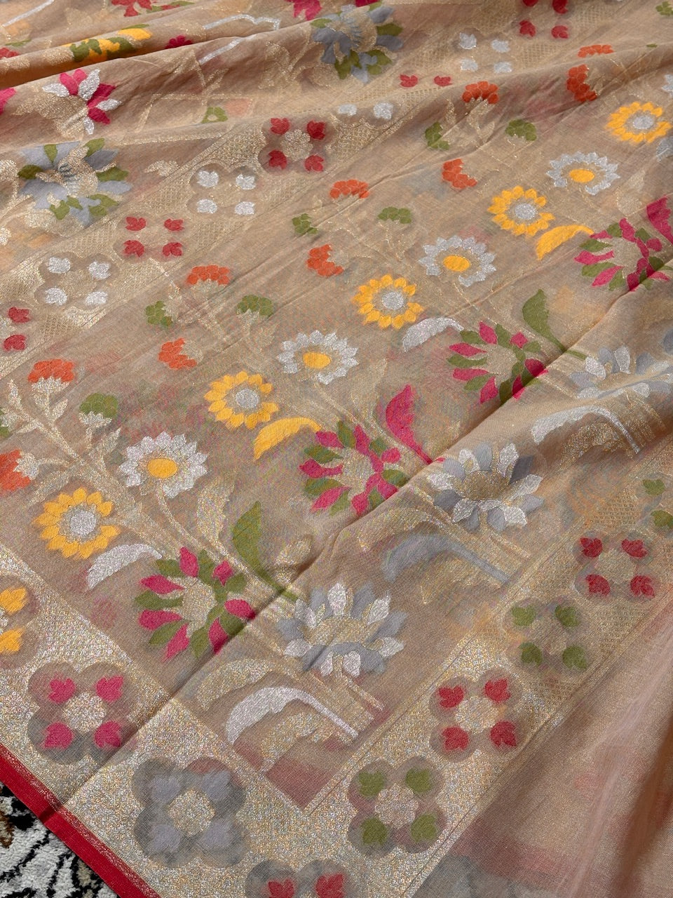 Beige Gold Banarasi cotton Jamdani handloom Saree