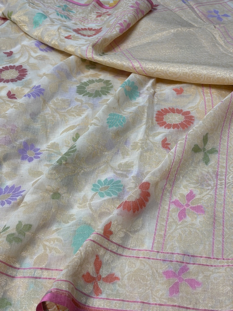Ivory Banarasi cotton Jamdani handloom Saree