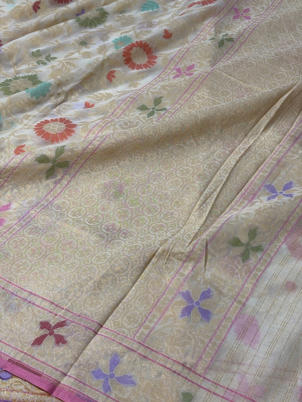 Ivory Banarasi cotton Jamdani handloom Saree
