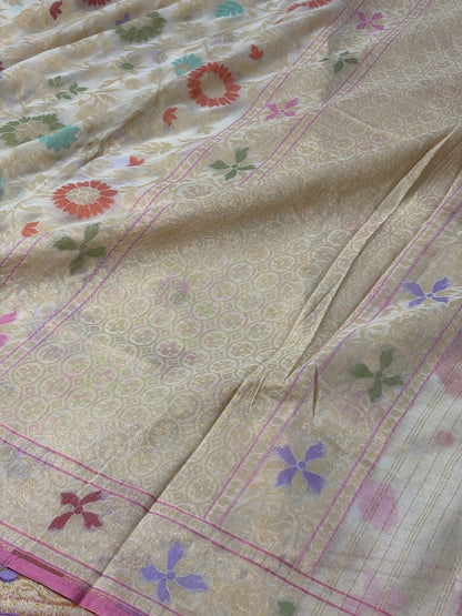 Ivory Banarasi cotton Jamdani handloom Saree