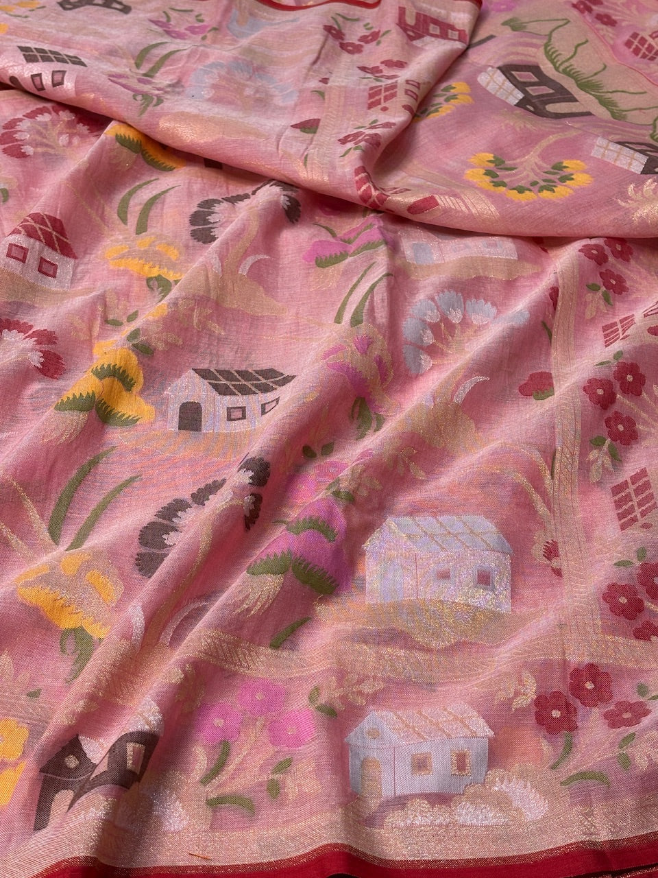 Pink Banarasi cotton Jamdani handloom Saree