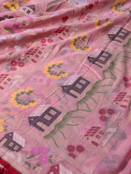 Pink Banarasi cotton Jamdani handloom Saree
