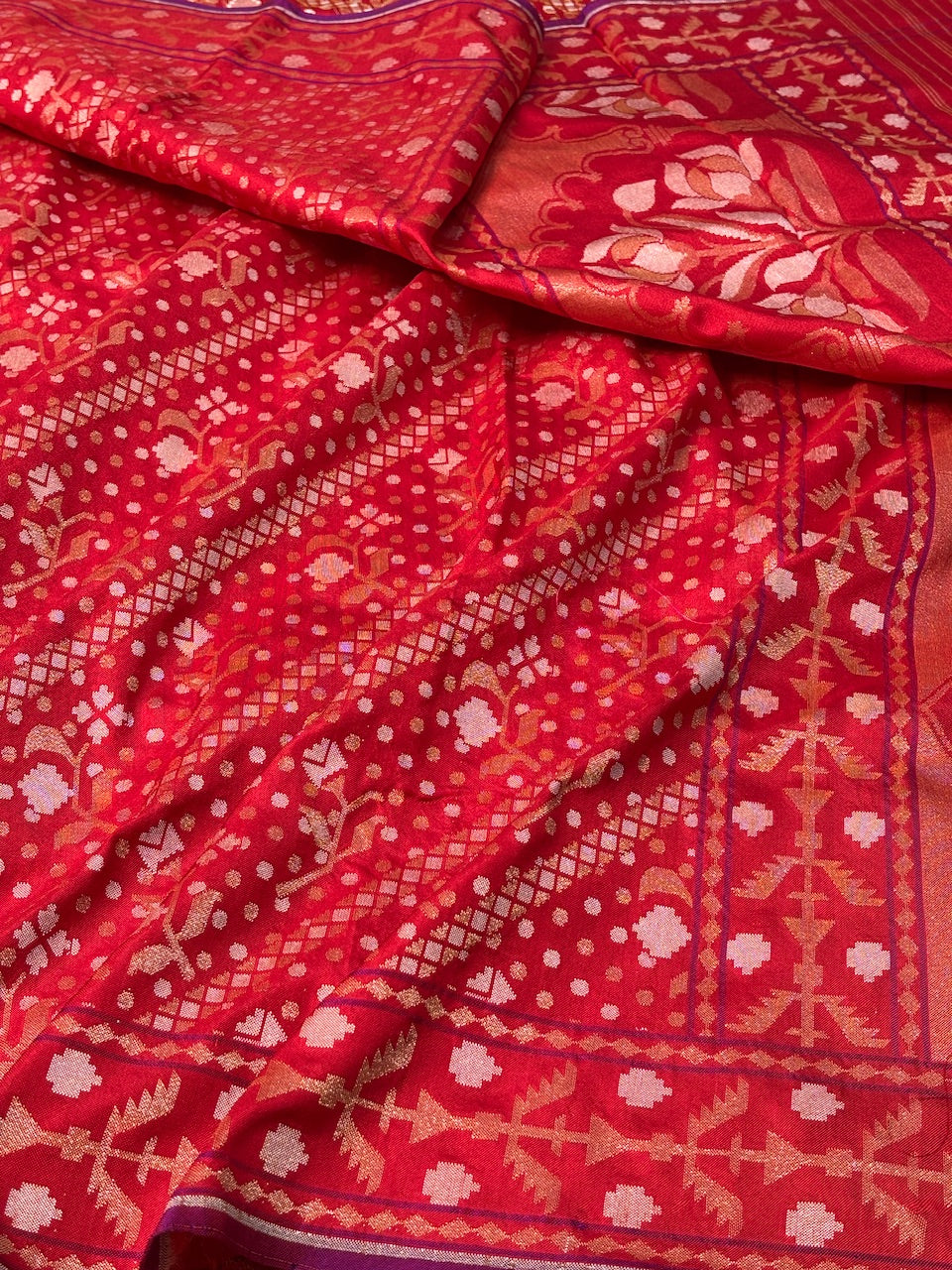 Red Silk Jamdani Saree with Zari Weaves