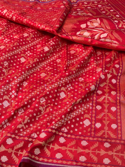 Red Silk Jamdani Saree with Zari Weaves