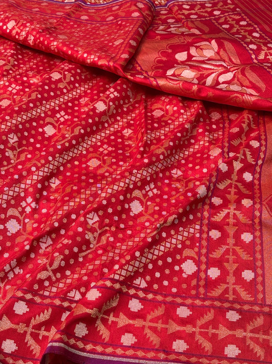 Red Silk Jamdani Saree with Zari Weaves