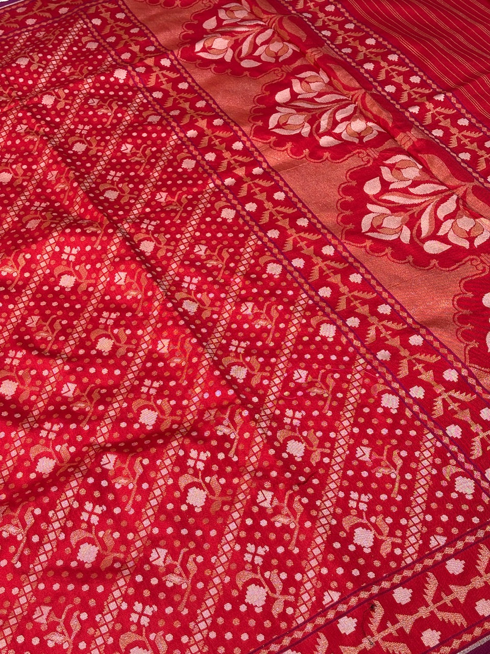 Red Silk Jamdani Saree with Zari Weaves