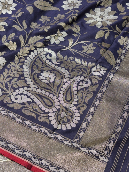 Neavy Blue Silk Jamdani Saree with Zari Weaves