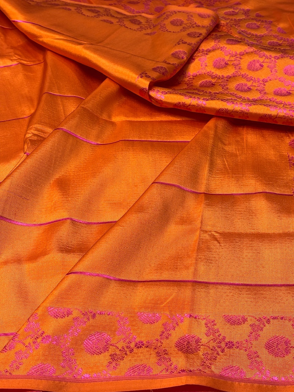 Orange Satin Tanchoi Silk Banarasi Handwoven Saree