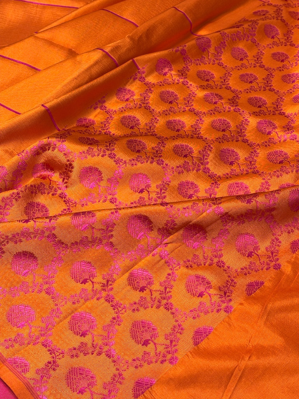Orange Satin Tanchoi Silk Banarasi Handwoven Saree