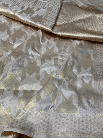 Ivory Banarasi Katan Brocade Handwoven Silk Saree