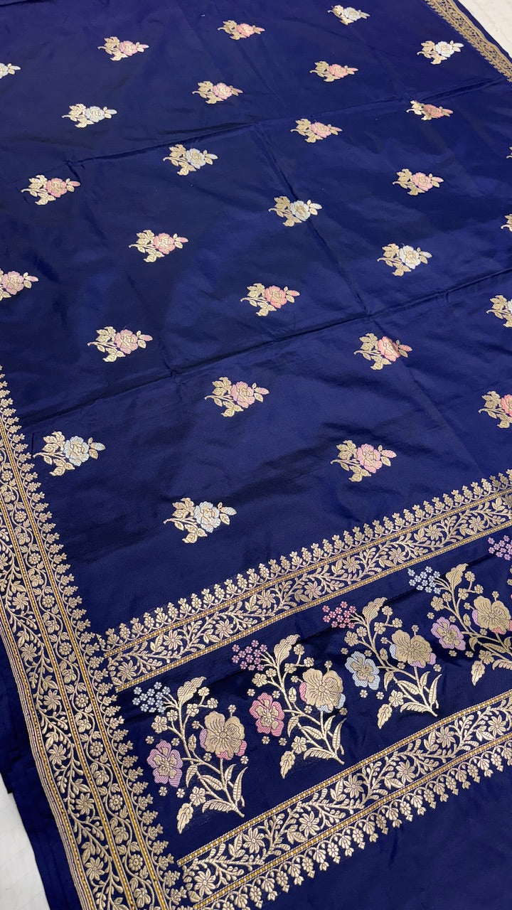 Dark Blue Pure Banarasi Katan Silk Saree