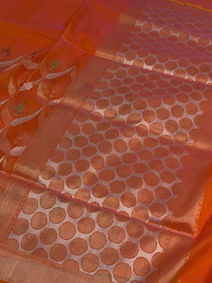 Orange Kora Silk Jamdani Handwoven Banarasi Saree
